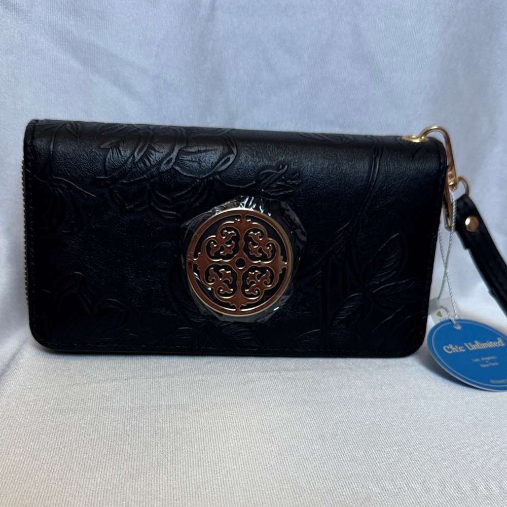 Chic Unlimited Black Embossed Wristlet Clutch |Gold Accents | Double Zip